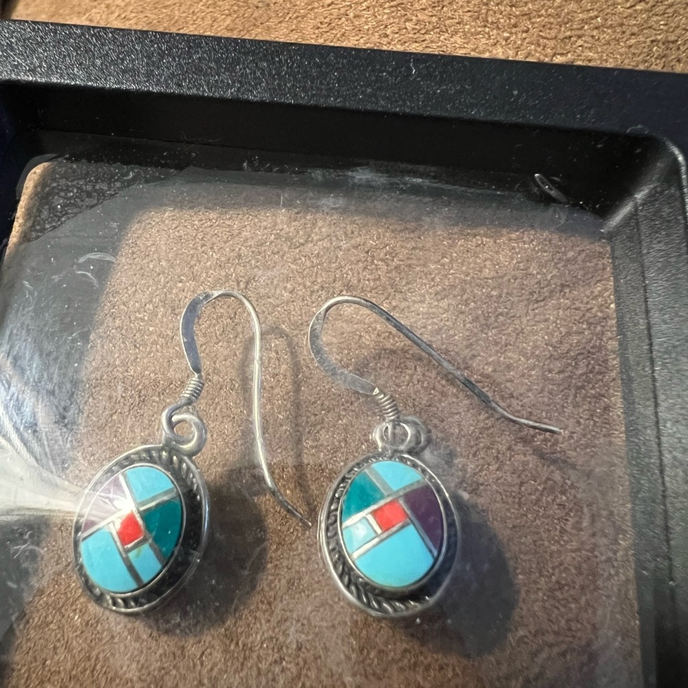 Sterling Silver Inlay Drop Earrings with Turquoise & Red Accent